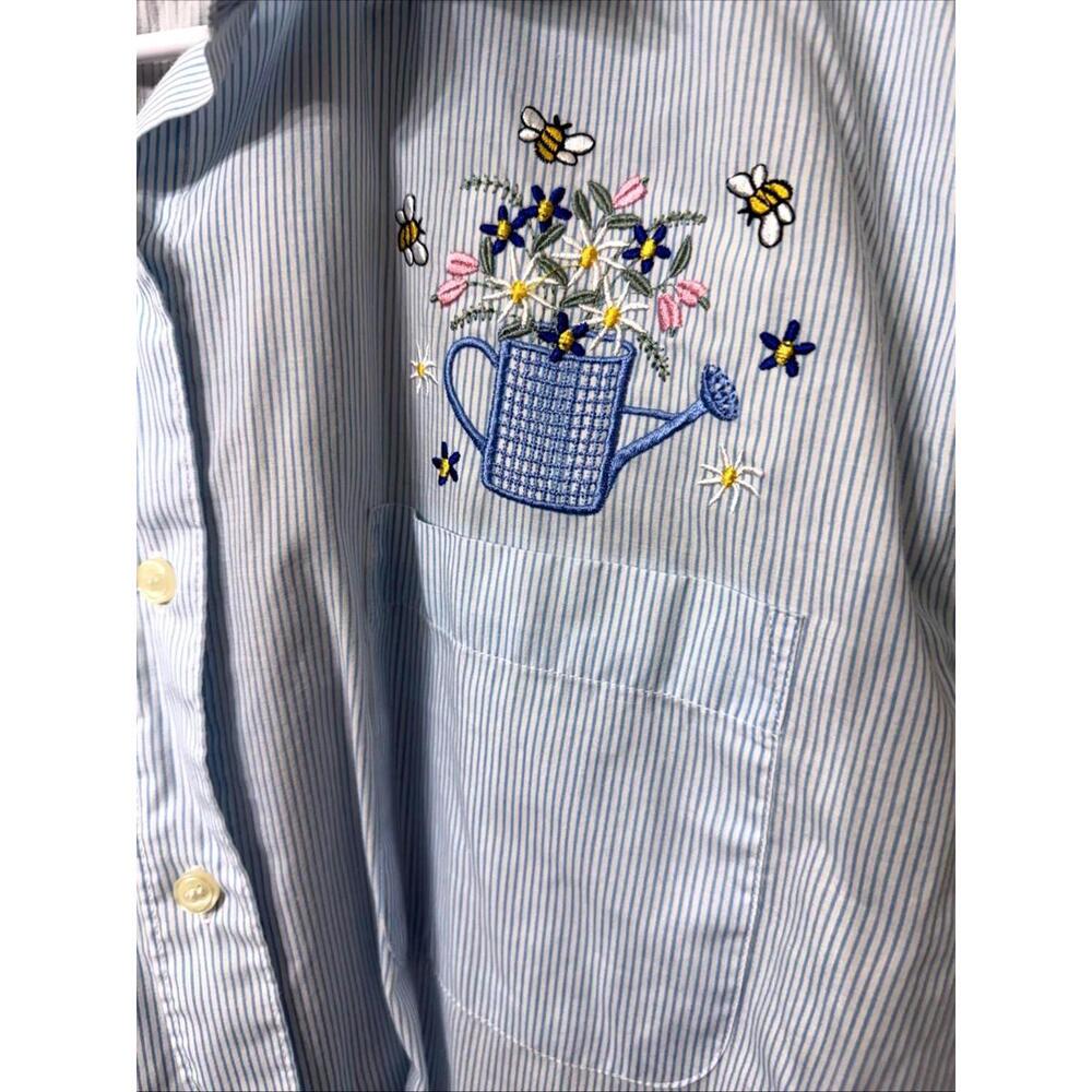 VTG 80s Sz M Button Up Novelty Embroidery Flowers Bees Watering Can Oversized - Picture 3 of 7